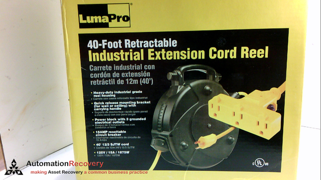 LUMAPRO 6YF67, 40FT RETRACTABLE INDUSTRIAL EXTENSION CORD REEL - Automation  Recovery