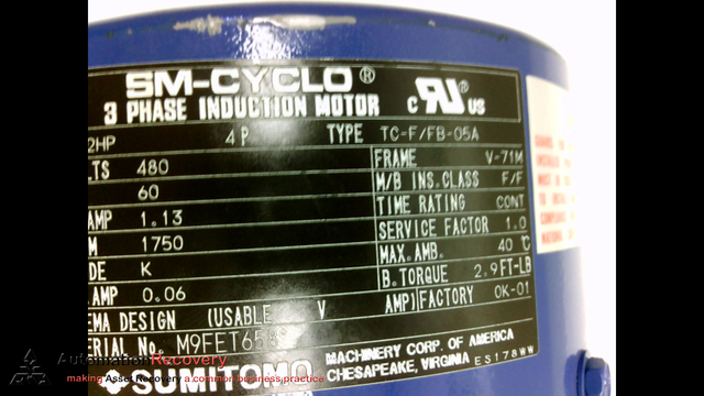Sumitomo Tc F Fb 05a 3 Phase Induction Motor 480v 60hz 1750rpm Automation Recovery